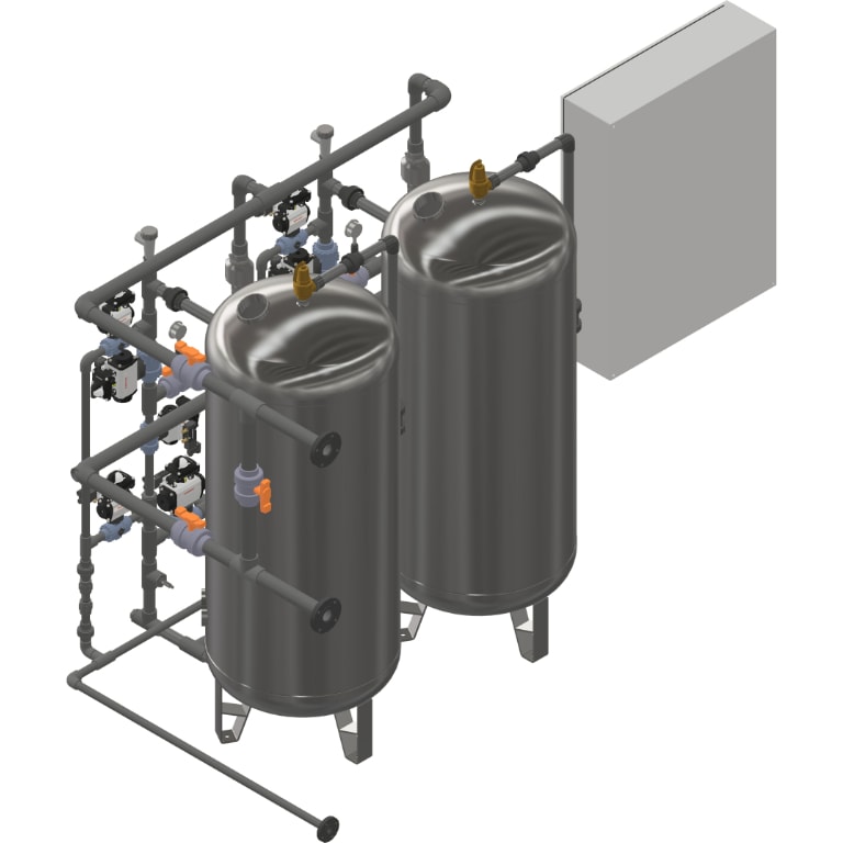 Excalibur industrial PLC duplex iron, sulphur, and manganese filter - angle view